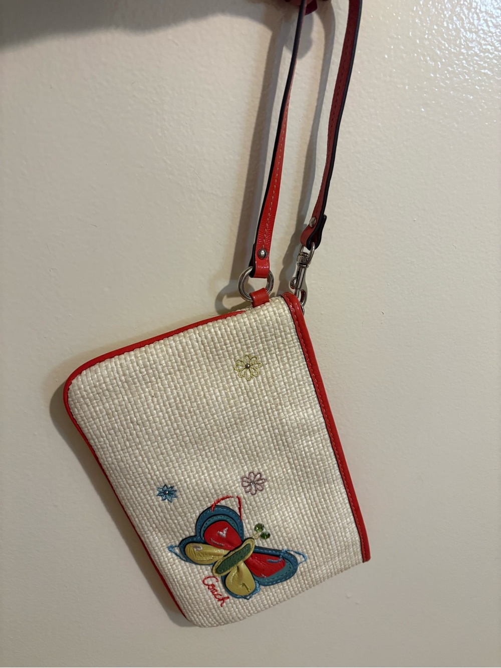 Coach Woven Cream Wristlet with Red Trim and Butterfly Embroidery 9x6”